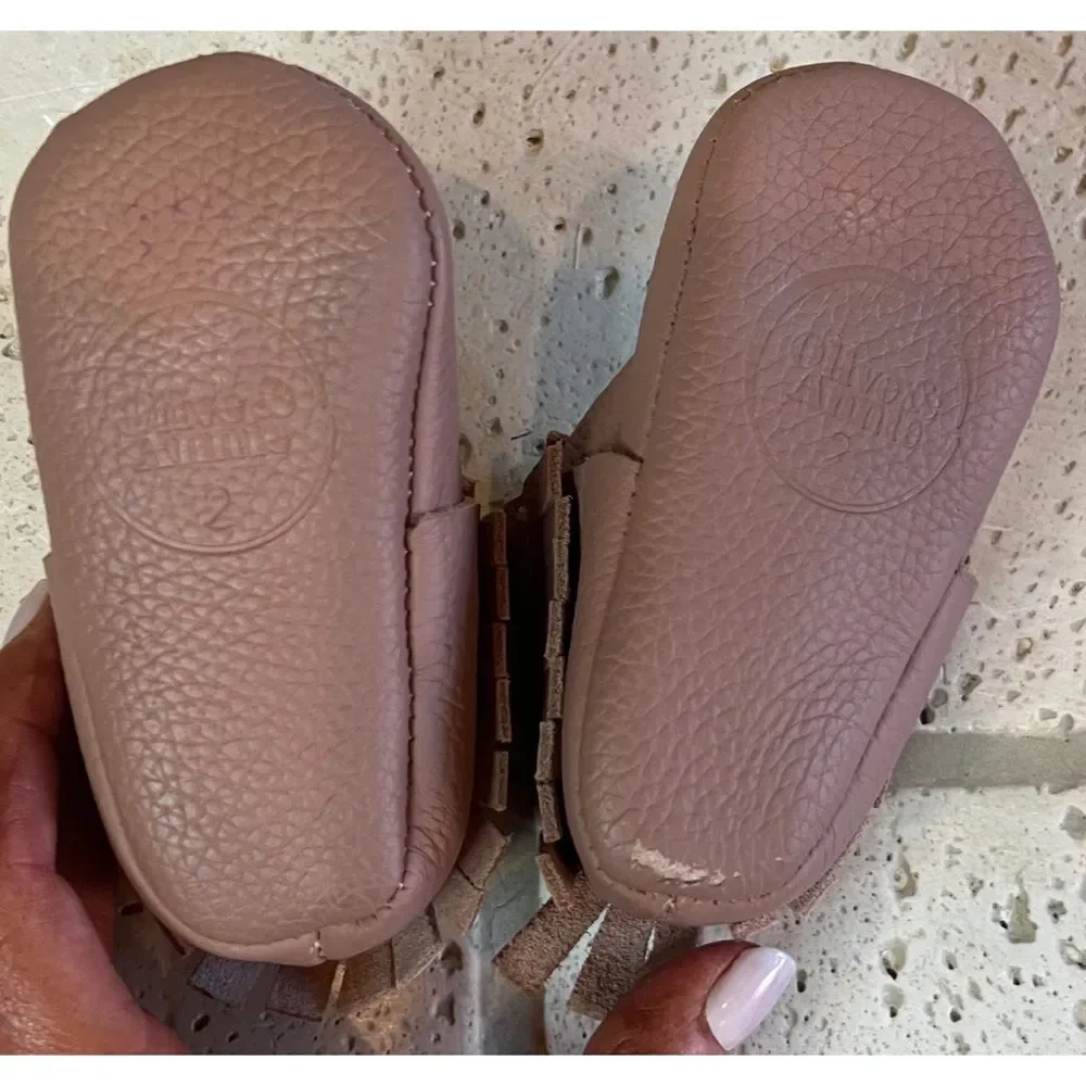 Olive & Annie Handmade Leather Infant Moccasins With Fringe Brown Sz 2 Baby Shoe